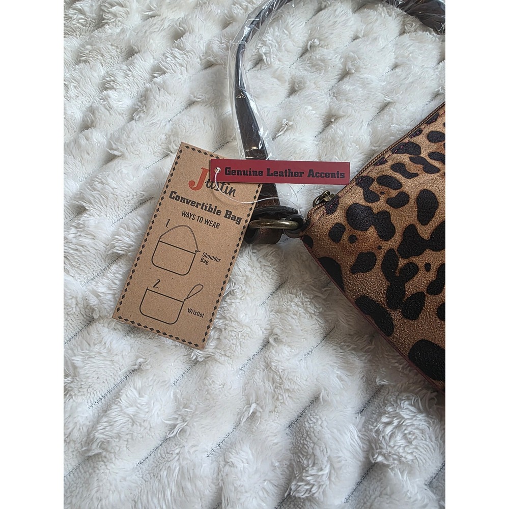 Justin Convertible Bag Leopard Print Burgundy Fringe Shoulder Bag Wristlet NEW - Picture 2 of 9